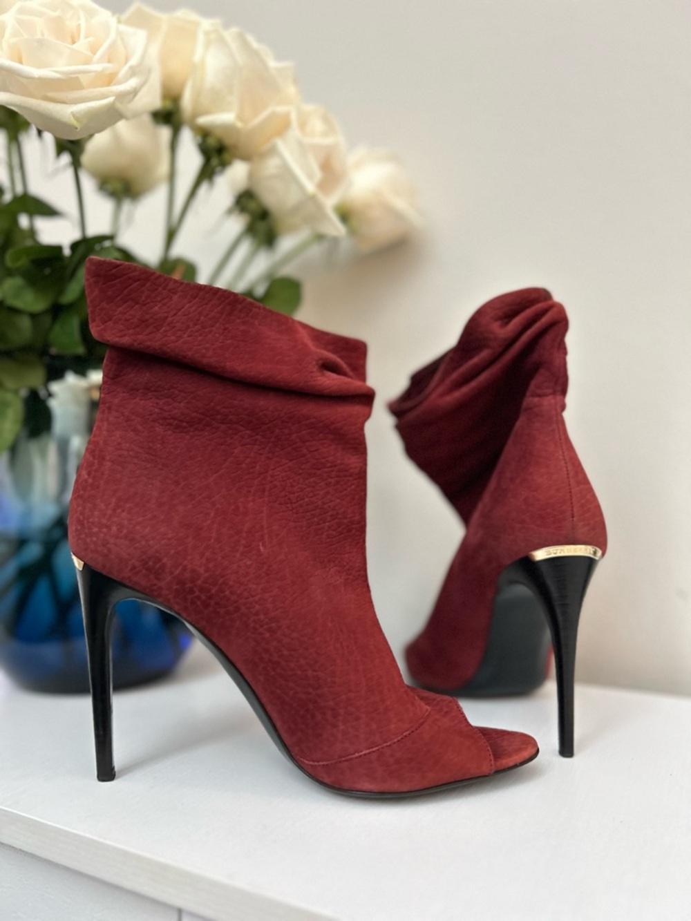 Burberry Wine Red Suede Peep Toe Stiletto Booties Size 8.5